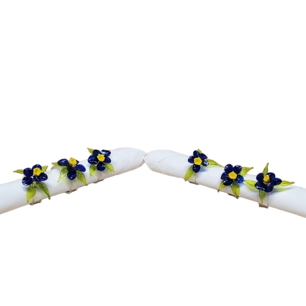 Vintage Napkin Rings Handcrafted Blue Glass Flowers Vintage